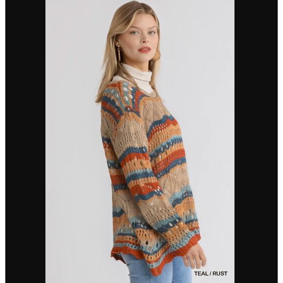 Umgee Multicolor Crochet Stripe Pullover Sweater With Scalloped Hem - Picture 2 of 12